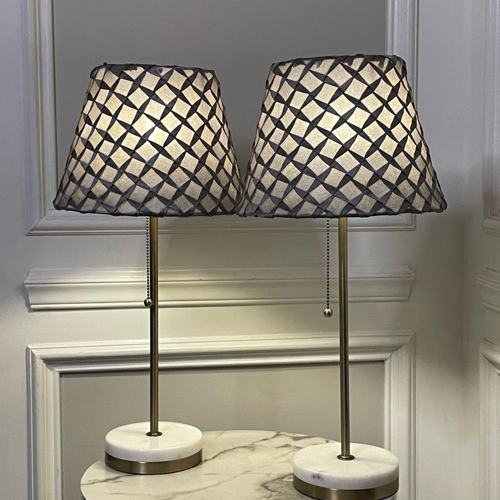 Pair of Marble Base Table Lamps with Patterned Gray Shades